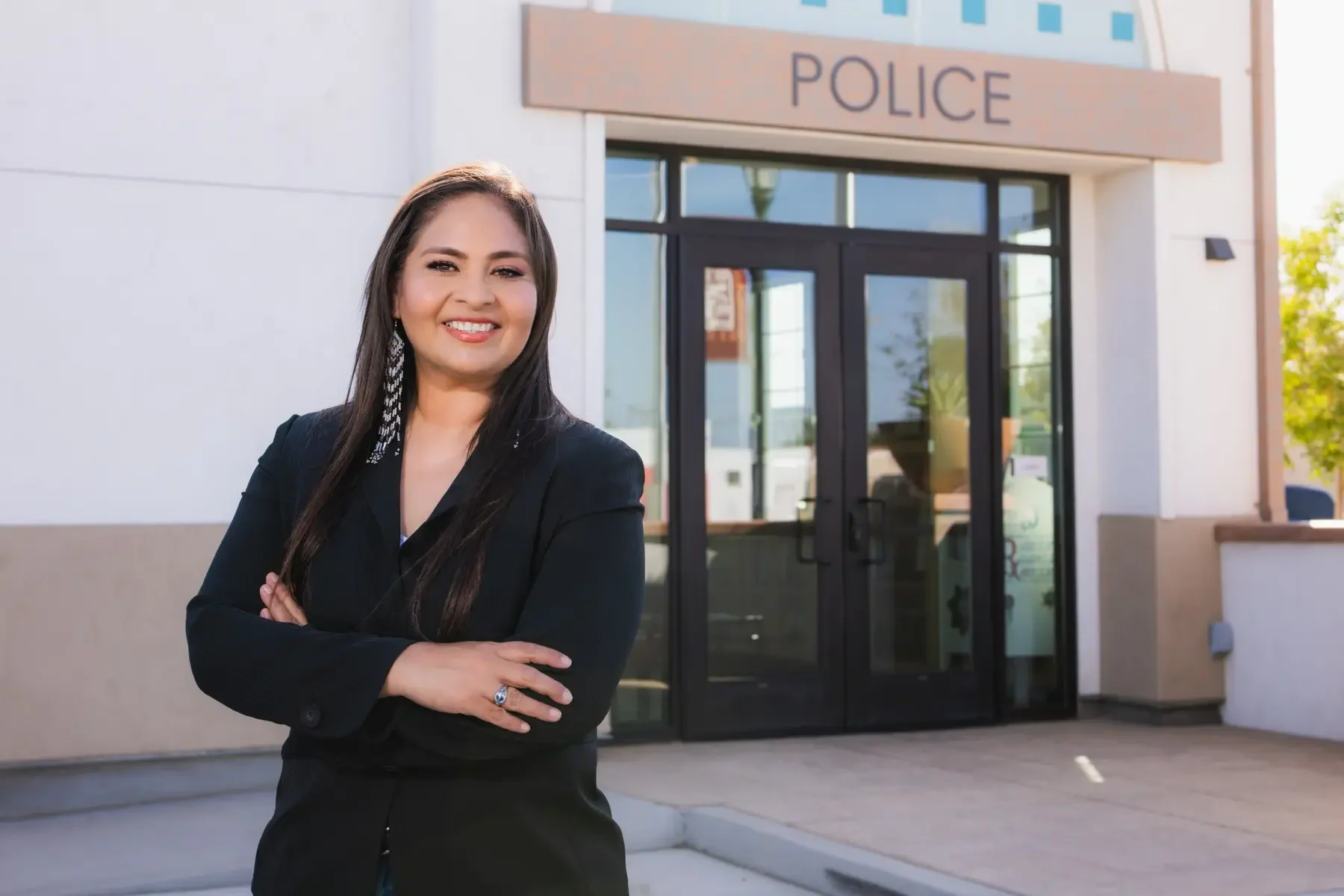 Maria Pacheco outside a local police station